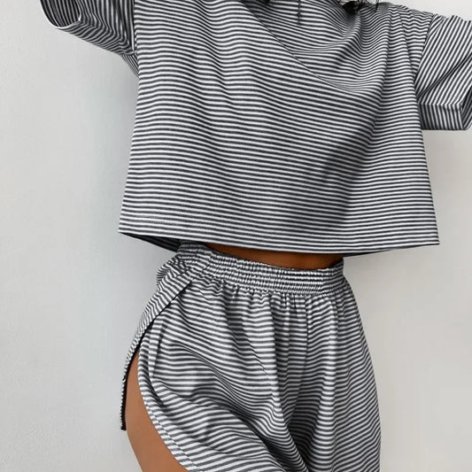 Striped Pajama Set for Women – Short Sleeve T-Shirt & Shorts Two-Piece Loungewear