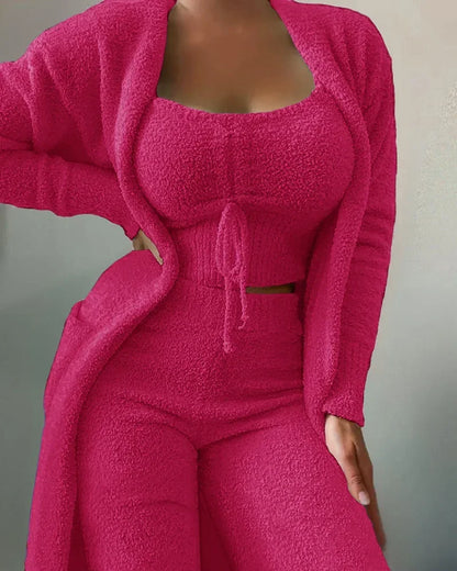 Luxury Plush Pajama Set for Women – Warm Three-Piece Winter Loungewear