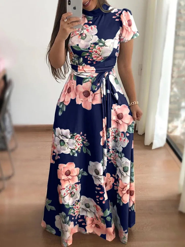 Floral Maxi Dress for Women – Long Sleeve Slim Fit Floor-Length Dress