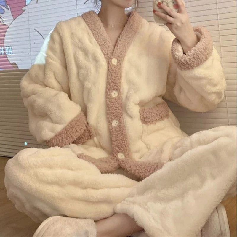 Coral Fleece Pajama Set for Women – Thickened Warm Autumn & Winter Homewear