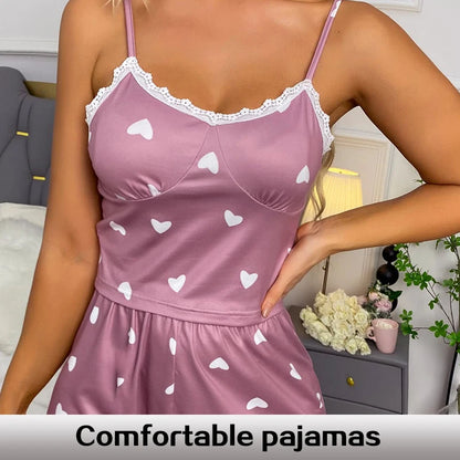 Lace V-Neck Pajama Set for Women – Printed Two-Piece Cami Top & Shorts