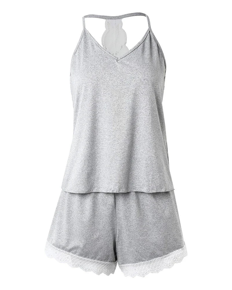 Crochet Lace Pajama Set for Women – Sleeveless V-Neck Two-Piece Summer Loungewear