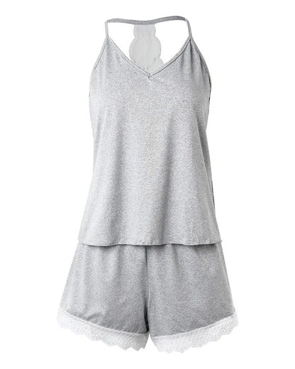 Crochet Lace Pajama Set for Women – Sleeveless V-Neck Two-Piece Summer Loungewear