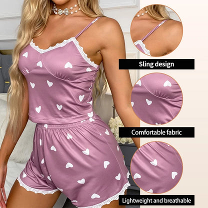 Lace V-Neck Pajama Set for Women – Printed Two-Piece Cami Top & Shorts
