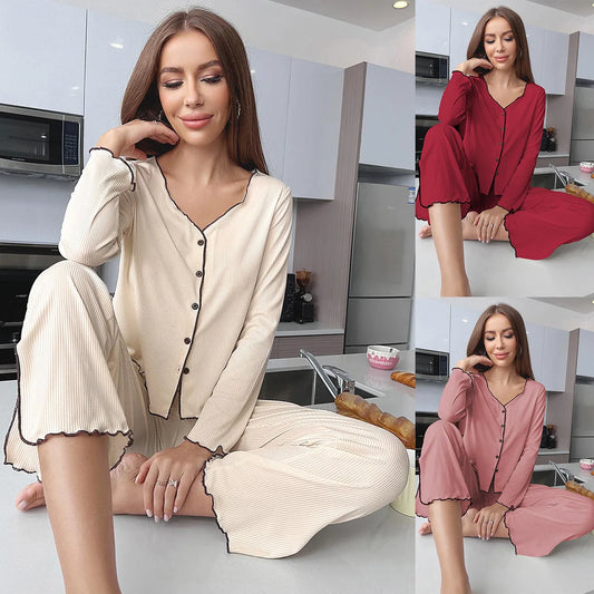 Ribbed Cardigan Pajama Set for Women – Warm Two-Piece Autumn & Winter Loungewear