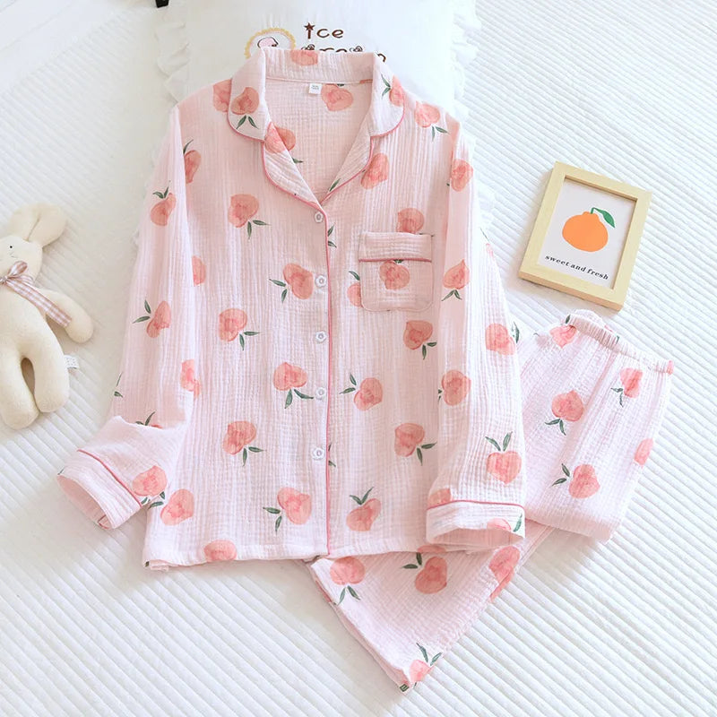 Cotton Gauze Pajama Set for Women – Polka Dot Two-Piece Spring Sleepwear