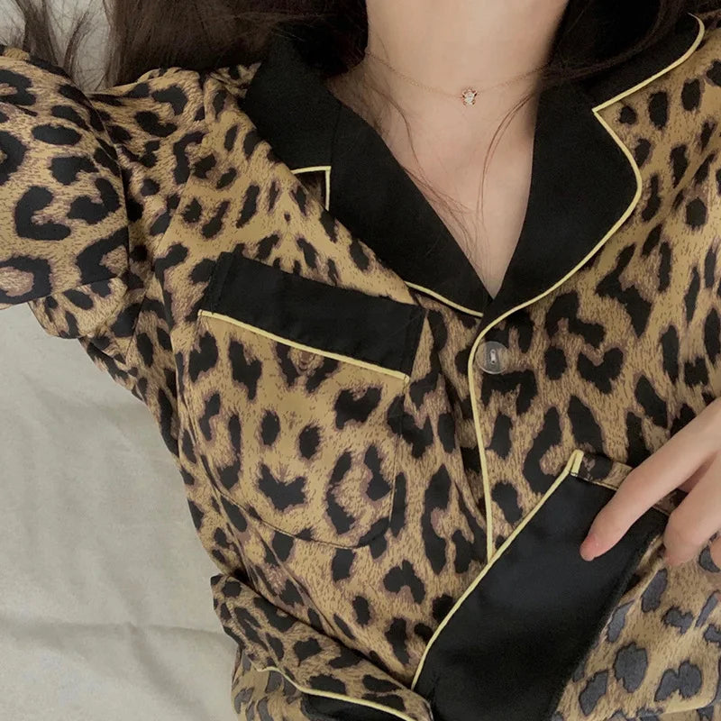 Leopard Print Pajama Set for Women – Elegant Two-Piece Spring & Autumn Homewear