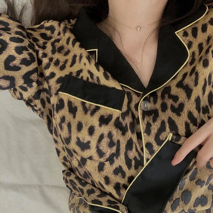 Leopard Print Pajama Set for Women – Elegant Two-Piece Spring & Autumn Homewear