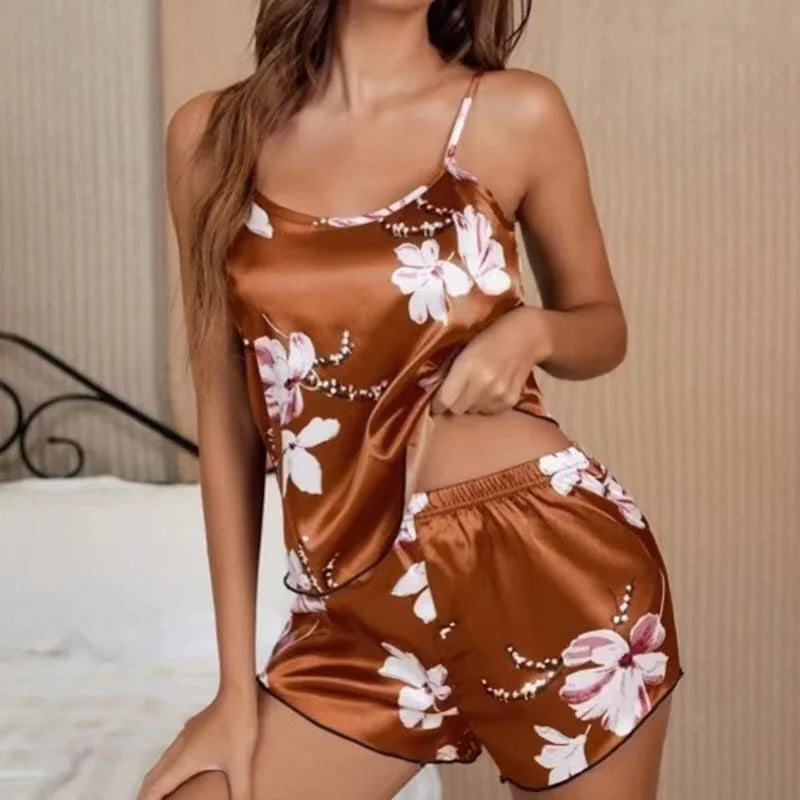 Satin Floral Pajama Set for Women – Sleeveless Summer Sleepwear & Loungewear