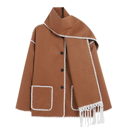 Luxury Scarf Coat for Women – Elegant Autumn & Winter Coat with Built-In Scarf